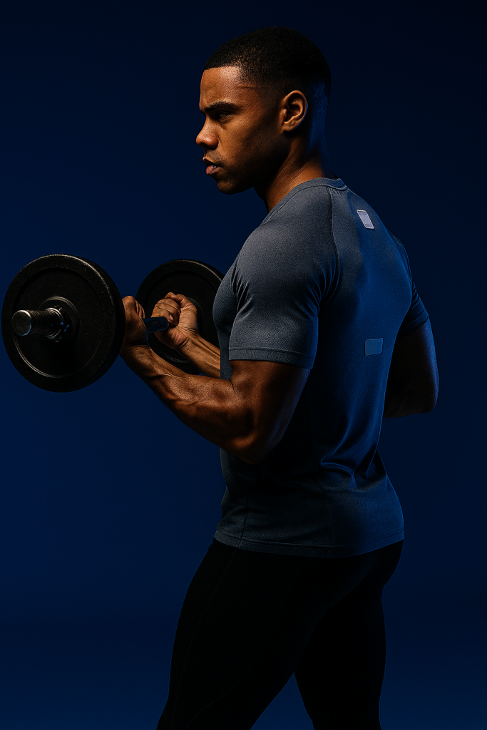 Persona levantando unas pesas en un fondo azul oscuro con ropa antiolor y antimanchas