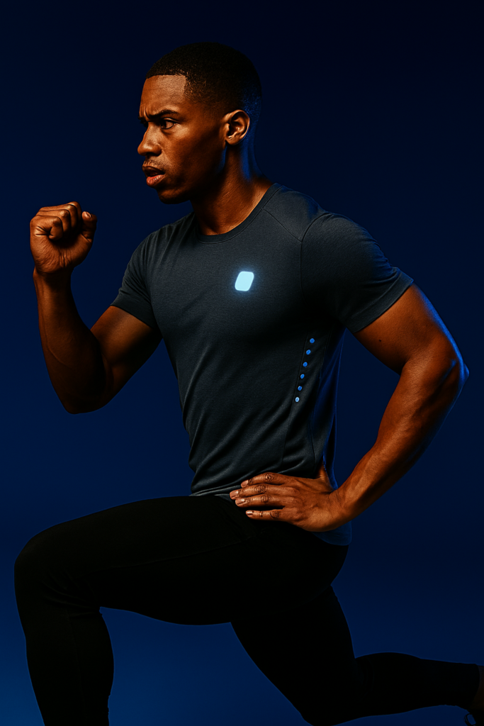 Persona haciendo deporte en un fondo azul oscuro con ropa smart deportiva