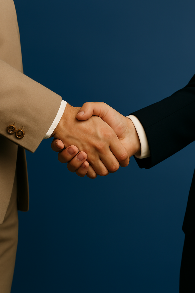 Estrechón de manos de dos personas con fondo azul