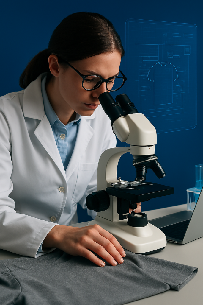 Persona con bata blanca observando una tela gris a través de un microscopio, junto a un portátil y un plano digital de una camiseta.